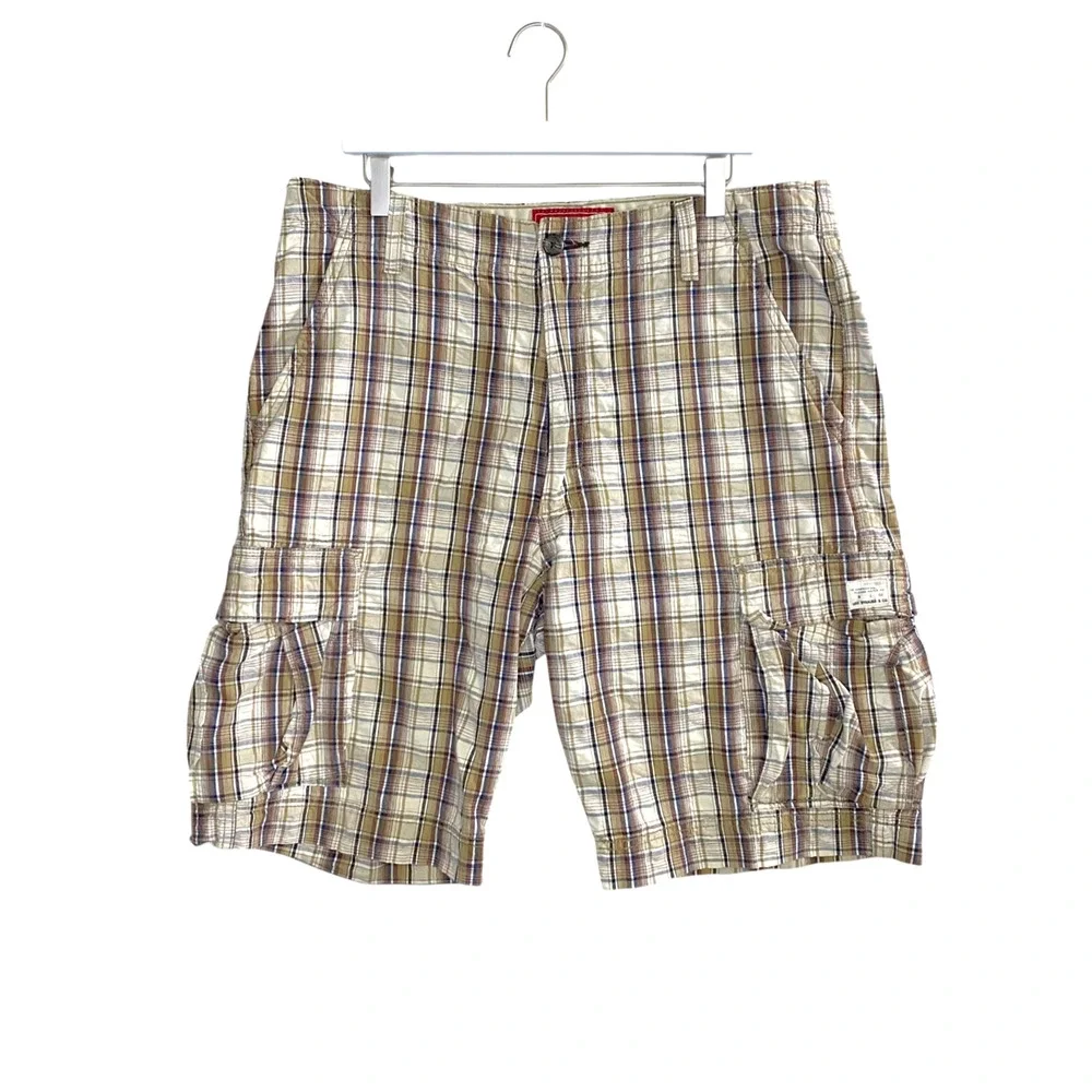Levi's Cargo Shorts 36 Men's Beige Plaid Workwear Fishing Hiking Cotton